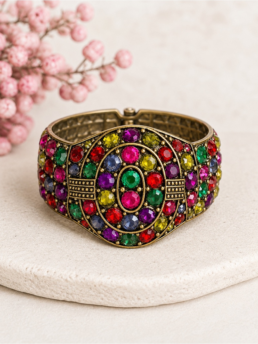 Chunky Bracelet Multicolor Rhinestone Colorful Hinged Cuff Gold Wide Bracelet